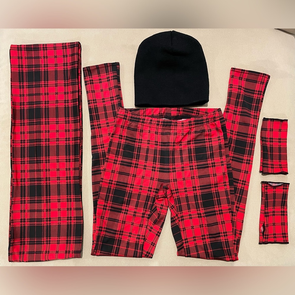 Weissman 5-piece Red & Black Plaid Dance Costume- leggings/scarf/beanie/gloves